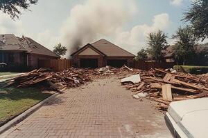 A pile of wood and debris in front of a house photo
