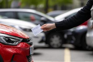 A person holding a parking ticket in front of a car photo