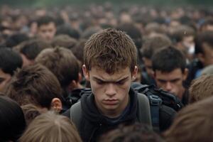 A young man standing in a crowd of people photo
