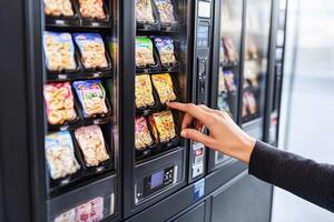 A person is reaching into a vending machine photo