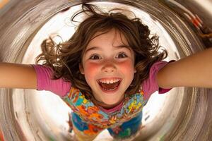 A young girl is smiling while looking up from inside a tube photo