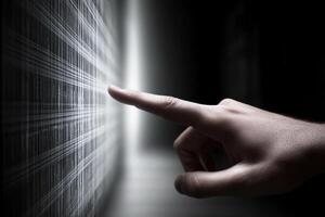 A person touching a button on a computer screen photo