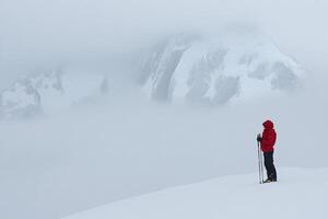 A person standing on a mountain top photo