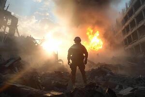 A man standing in front of a building with a fire photo