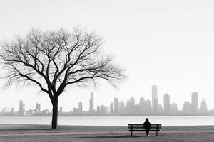 A lone person sitting on a bench near a tree photo