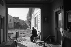 A man sitting on a chair in front of a house photo
