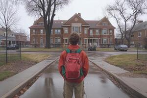 A boy with a backpack standing in front of a house photo