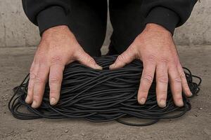 A man holding a pile of black cords photo