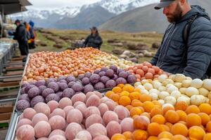 A man is standing in front of a table full of eggs photo