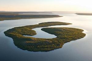 An aerial view of a large body of water with a small island in the middle photo
