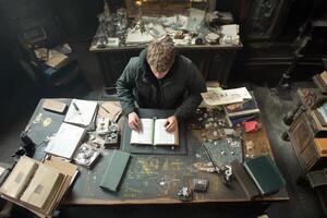 A man sitting at a table with a book and a bunch of papers photo