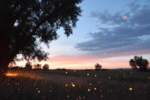 Fireflies in the grass at sunset photo
