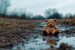 A teddy bear sitting in a puddle of water photo