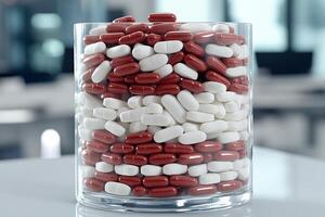 A glass jar filled with red and white pills photo