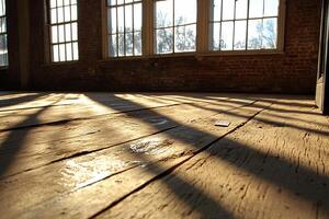 Sunlight shines through the windows of an old building photo