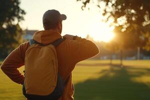 A man with a backpack standing in a park at sunset photo