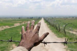 A hand reaching out to the fence of a field photo