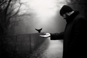 A man is holding a bird in his hand photo