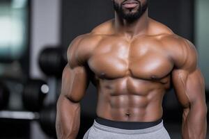 A man with a muscular body standing in a gym photo