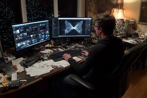A man sitting at a desk with two computer screens photo
