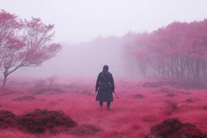 A person standing in a field of pink grass photo