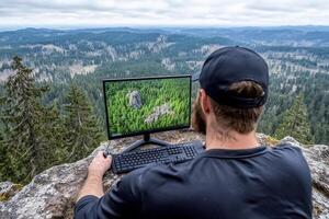 A man sitting on a rock with a computer on top of it photo
