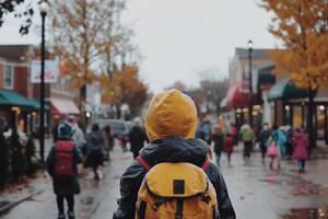 A person walking down a street with a yellow backpack photo