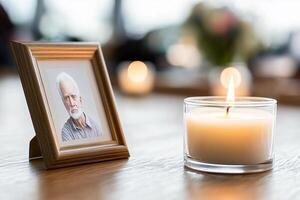 A candle and a photo of a man on a table