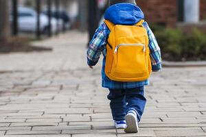 A child walking down a street with a yellow backpack photo