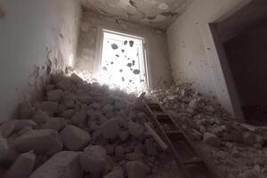 A room with rubble and a ladder in it photo