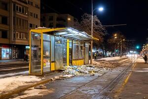 A bus stop with a yellow door and a trash can photo
