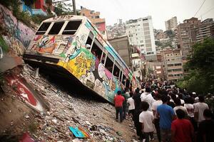 A bus that has been painted with graffiti photo