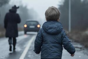 A child walking on a road with a car in the background photo