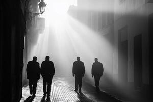 Silhouette of three men walking in the fog photo