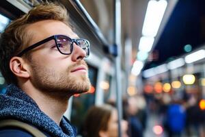 A man wearing glasses and looking out the window of a train photo