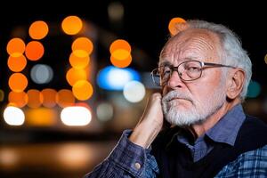 An older man with glasses and a beard standing in front of a bus photo