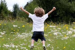 A young boy jumping in a field of wildflowers photo