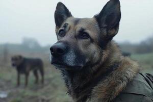 A dog is standing in the field with another dog photo