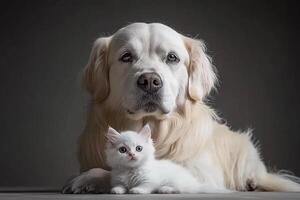 A white cat and a golden retriever dog sitting together photo
