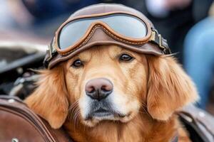 A dog wearing a leather helmet and goggles photo