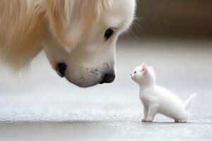 A white kitten and a golden retriever dog looking at each other photo