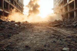 A street with rubble and smoke coming out of it photo