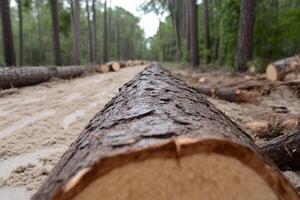 A large log is sitting on the ground in the woods photo
