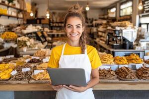 A smiling woman holding a tablet in a bakery photo