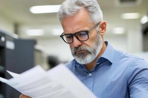 A man with glasses and a beard reading a document photo