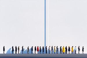 A group of people standing in line in front of a white wall photo