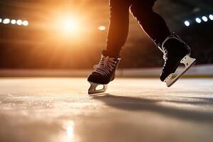 A person skating on ice with the sun shining in the background photo