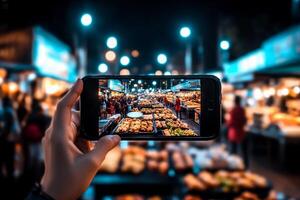 A person taking a photo of food at a market