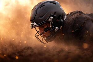 A football player in the dirt with a helmet on photo