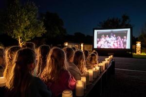 A group of children watching a movie on a screen photo